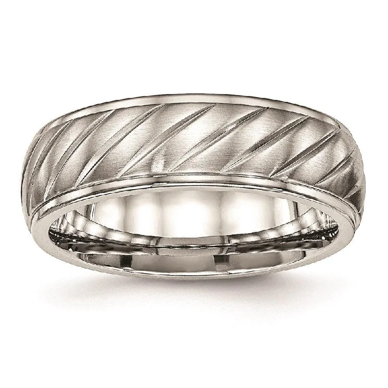 personalized wedding rings -Stainless Steel Brushed and Polished Grooved Ring