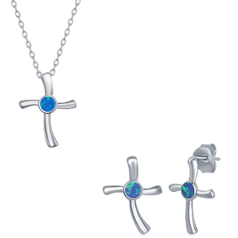 bold necklaces for women -Opalata Women's Necklace and Earrings Set - Sterling Silver Blue Opal Cross | SET-583