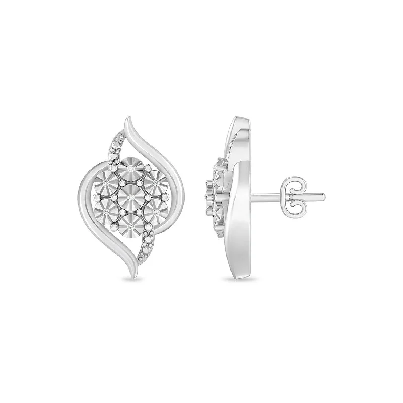 silver dangle earrings for women -Diamond Set Flower Flame Stud Earrings in Sterling Silver