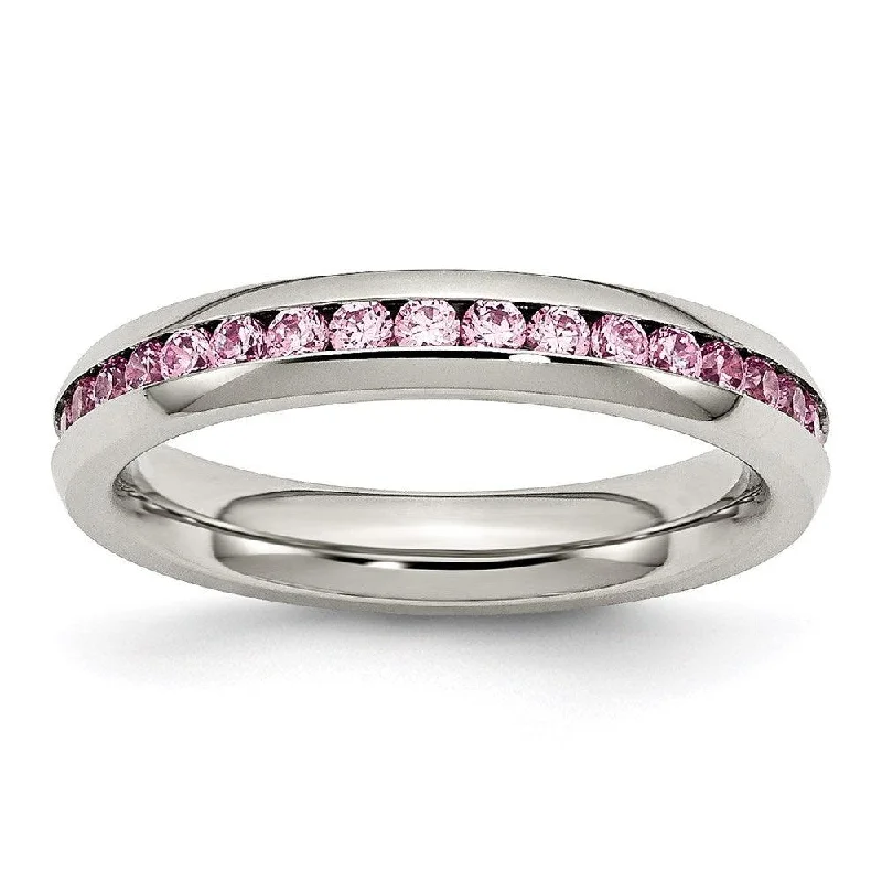 engagement rings for women -Stainless Steel 4mm October Pink CZ Ring