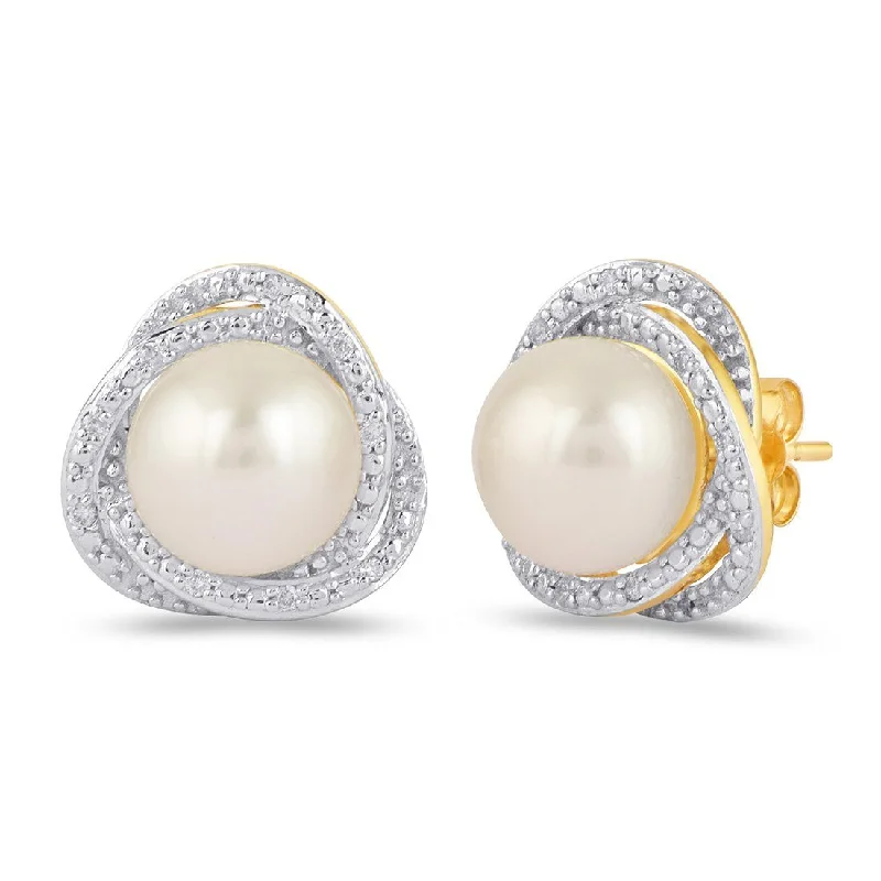 gold drop earrings for women -Pearl Stud Earrings with 0.10ct of Diamonds in 9ct Yellow Gold