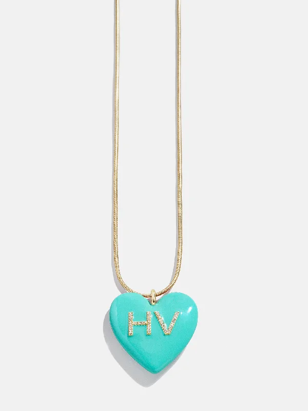 minimalistic gold necklaces for women -Custom Initial Enamel Heart Pendant Necklace - Turquoise