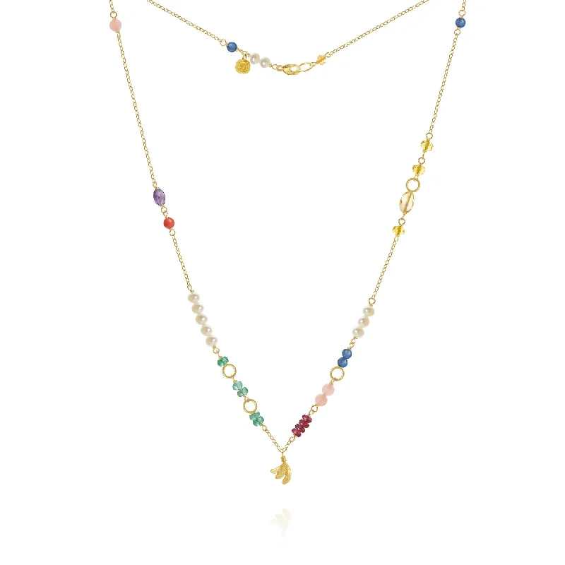 fashion necklaces for women -Piccolo Bloom Leaf 18K Gold Necklace, 43 cm w. Emerald, Ruby, Quartz, Kyanite, Pearl, Citrin, Coral & Amethyst