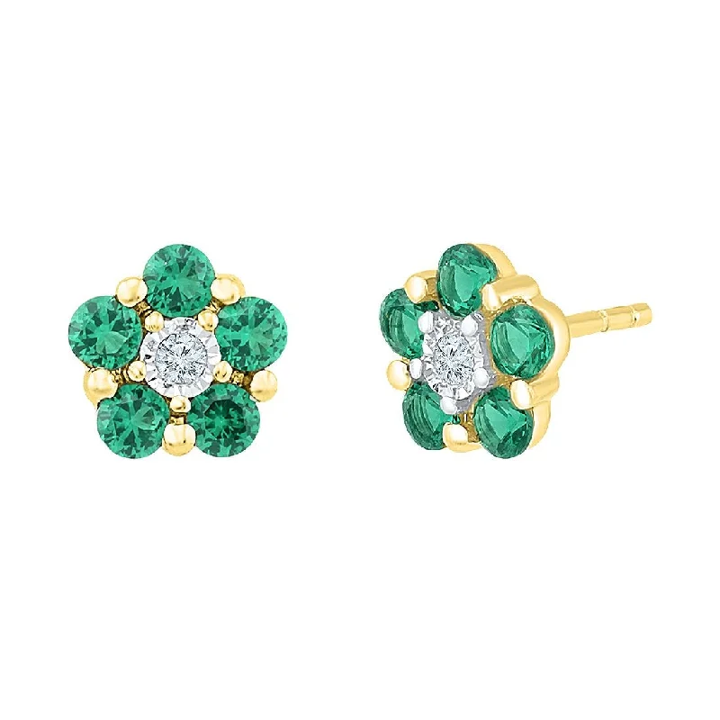 pearl stud earrings for women -9ct Yellow Gold Diamond Set Created Emerald Flower Earrings