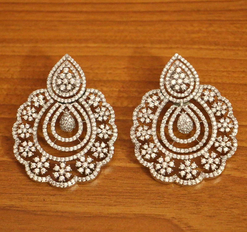 artistic earrings for women -CZ STUDDED WHITE RHODIUM DIAMOND LOOK DANGLERS