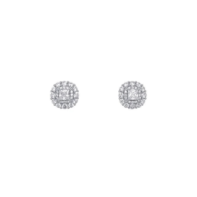 silver stud earrings for women -Sterling Silver Cubic Zirconia Double Halo Stud Earrings