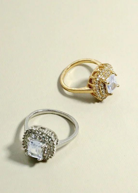 bridal rings for women -Rhinestone & Square Gemstone Ring