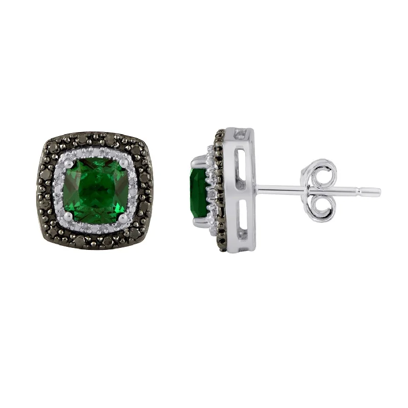 gold hoop earrings for women -Mirage Created Emerald and Black Diamond Set Stud Earrings in Sterling Silver