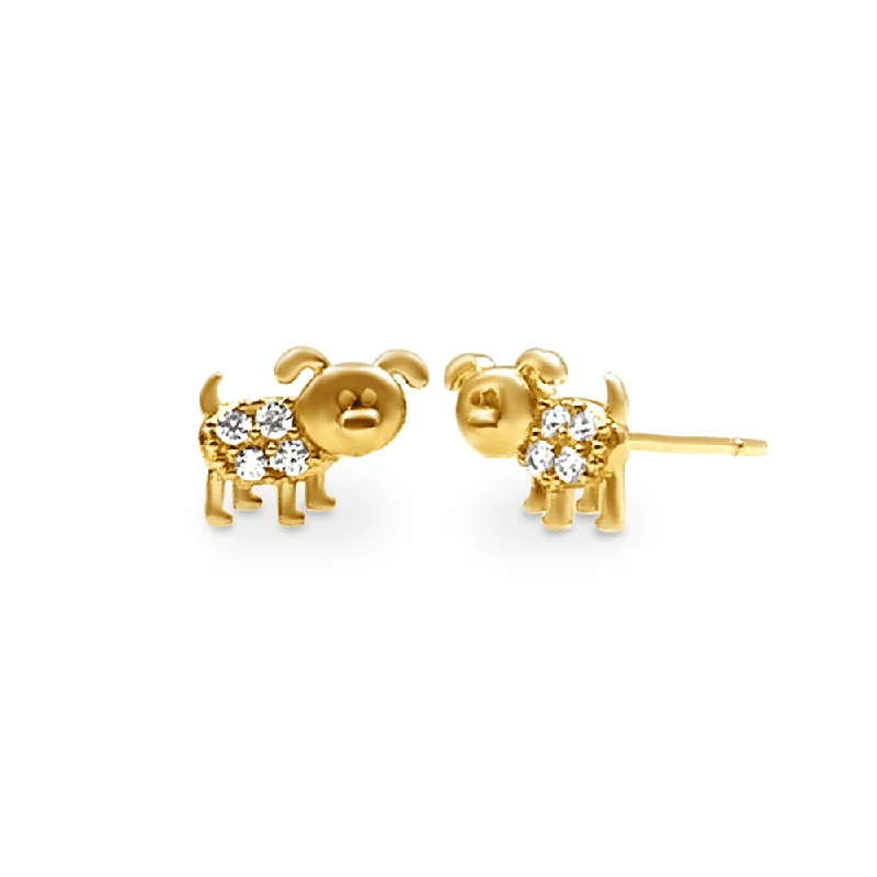 wedding earrings for women -Puppy Stud Earrings with Cubic Zirconia in 9ct Yellow Gold