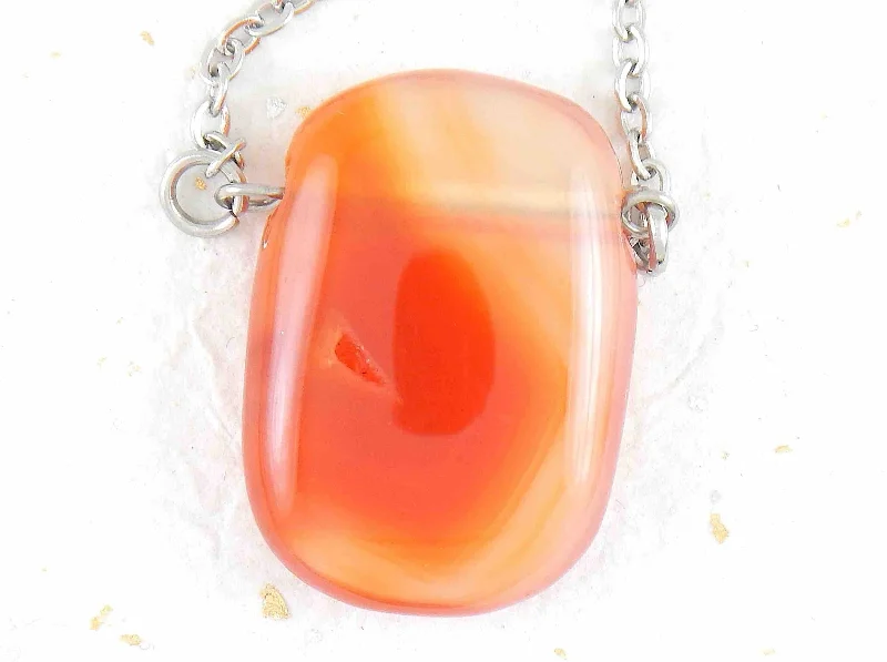 art deco necklaces for women -26-inch necklace with rectangular orange and clear carnelian stone pendant, stainless steel chain