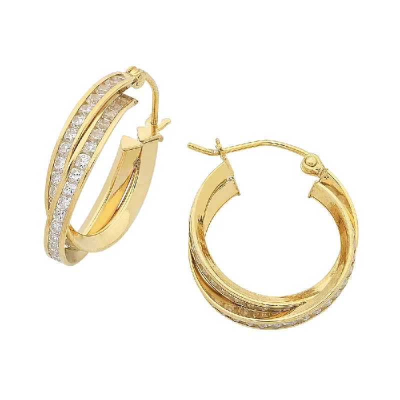 chunky earrings for women -9ct Yellow Gold Silver Infused Cubic Zirconia Double Hoop Earrings 15mm