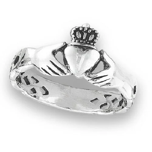 silver statement rings -STERLING SILVER CLADDAGH WITH CELTIC WEAVE RING