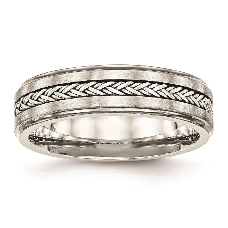 twisted rings for women -Stainless Steel Polished & Brushed w/Silver Braid Inlay Ring