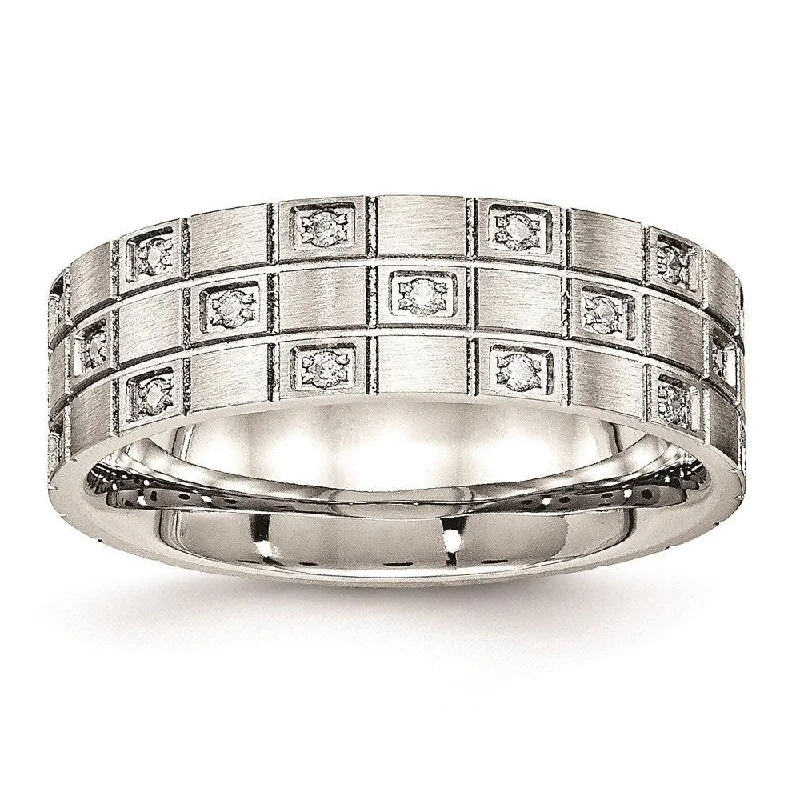 classic rings for women -Stainless Steel Brushed Grooved CZ Ring