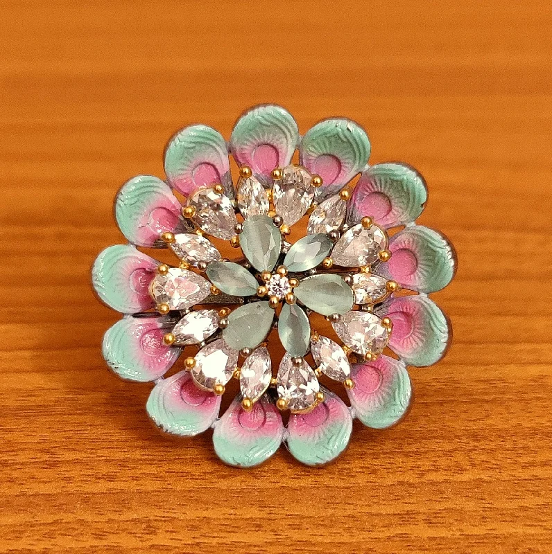 adjustable rings for women -MINT PINK COLOUR CZ STUDDED MEENAKARI COCKTAIL RING