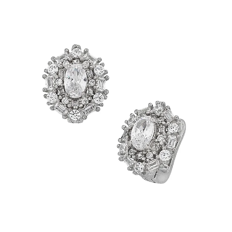 trendy silver earrings for women -Sterling Silver Cubic Zirconia Baguette and Brilliant Halo Earrings