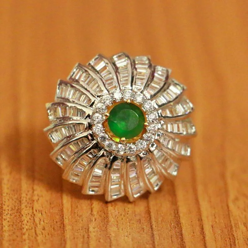 custom rings for women -CZ STUDDED EMERALD COLOUR STONE COCKTAIL RING