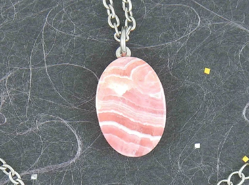 sterling silver necklaces for women -16-inch necklace with oval marbled pink-white rhodocrosite stone pendant, stainless steel chain