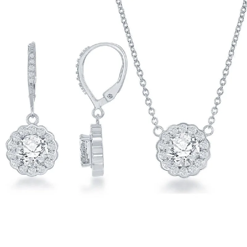 pearl chain necklaces for women -Sterling Silver April Birthstone With  CZ Border Round Earrings and Necklace Set