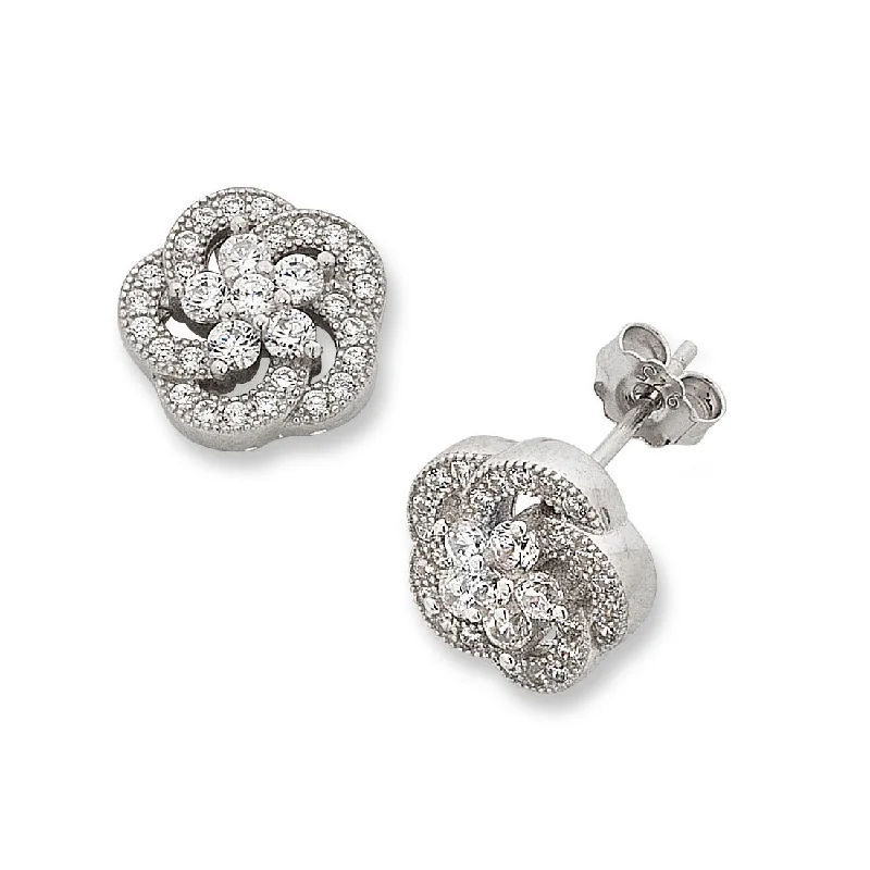 evening drop earrings for women -Sterling Silver Cubic Zirconia Flower Earrings