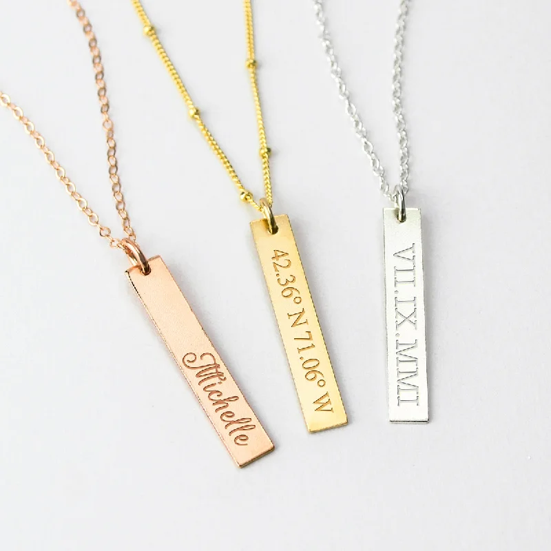 fancy gold necklaces for women -Engraved Vertical Bar Pendant Necklace