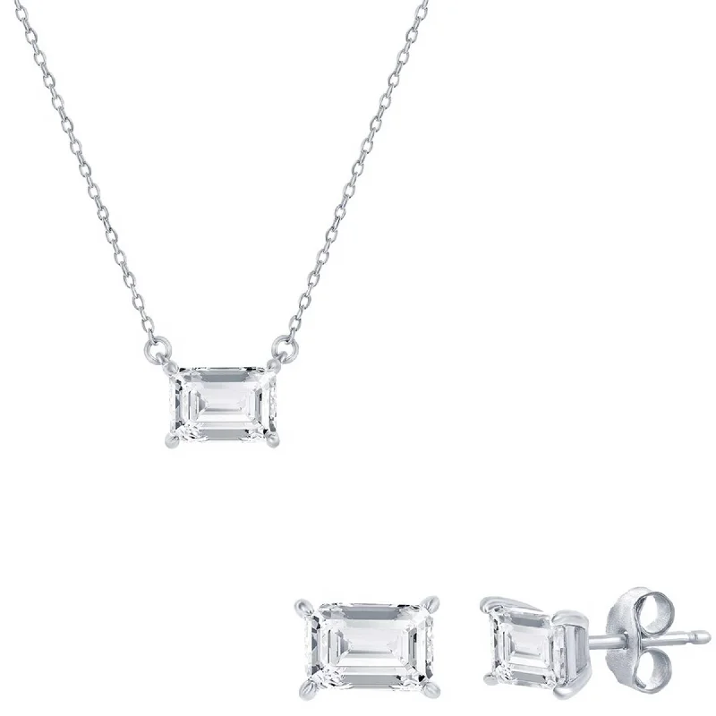 trendy pendant necklaces for women -Classic Women's Necklace and Earrings Set - Silver Solitaire Rectangle CZ | SET-610