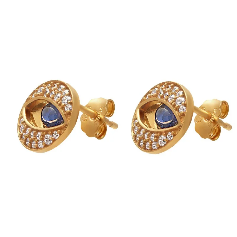 bridal earrings for women -9ct Yellow Gold Silver Infused Evil Eye Stud Earrings with Cubic Zirconia