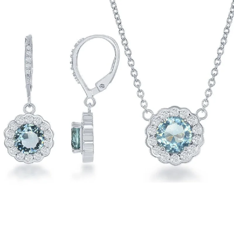 fancy gold necklaces for women -Sterling Silver 16+2 Inch December Birthstone With  CZ Border Round Earrings and Necklace Set