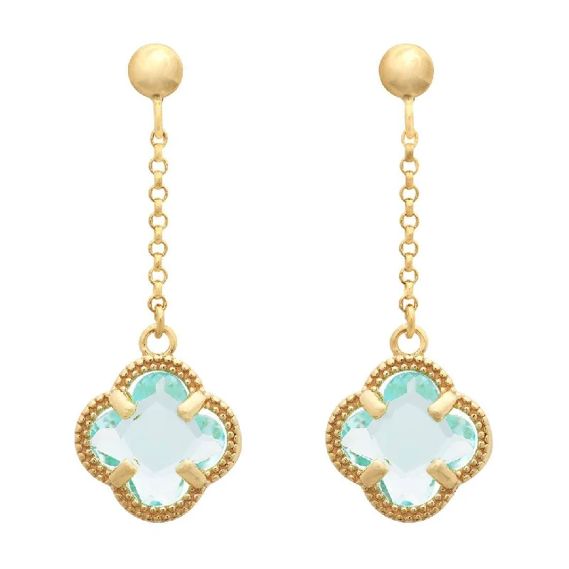 chic drop earrings for women -Blue 4 Leaf Clover Drop Earrings in 9ct Yellow Gold Silver Infused