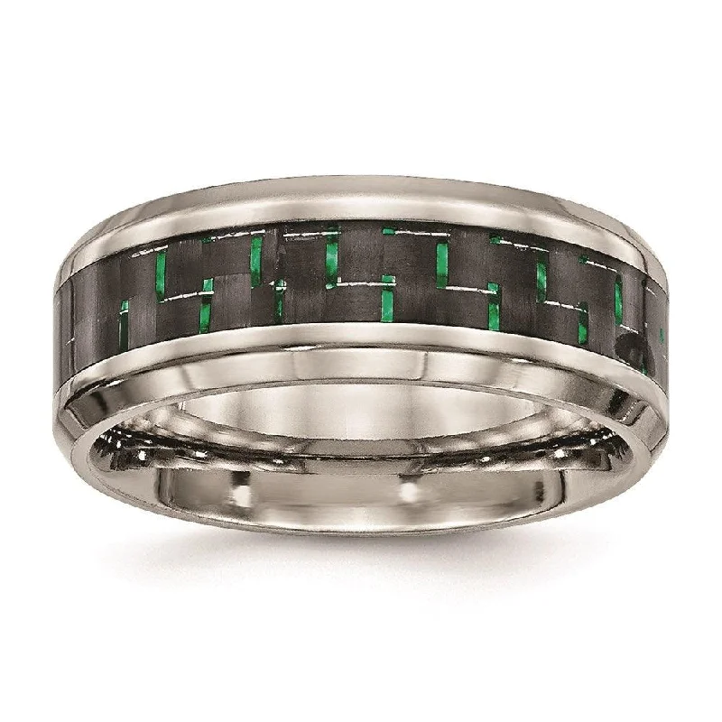 gold wedding bands for women -Stainless Steel Polished Black/Green Carbon Fiber Inlay Ring