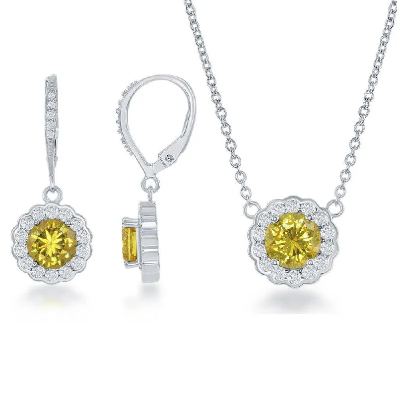 delicate diamond necklaces for women -Sterling Silver November Birthstone With  CZ Border Round Earrings and Necklace Set