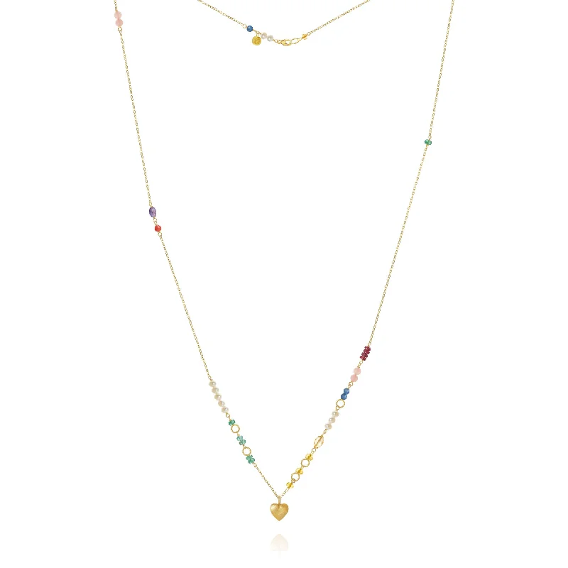 boho necklaces for women -Piccolo Bloom Heart 18K Gold Necklace, 62 cm w. Emerald, Ruby, Quartz, Kyanite, Pearl, Citrin, Coral & Amethyst