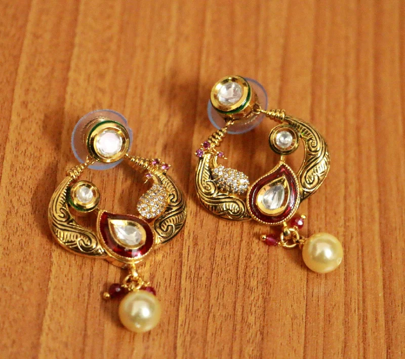 flower earrings for women -Antique Gold Look Kundan Polki & Paisley Earrings