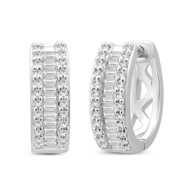 vintage earrings for women -Baguette Channel Huggie Hoop Earrings with 1/5ct of Diamonds in 9ct White Gold