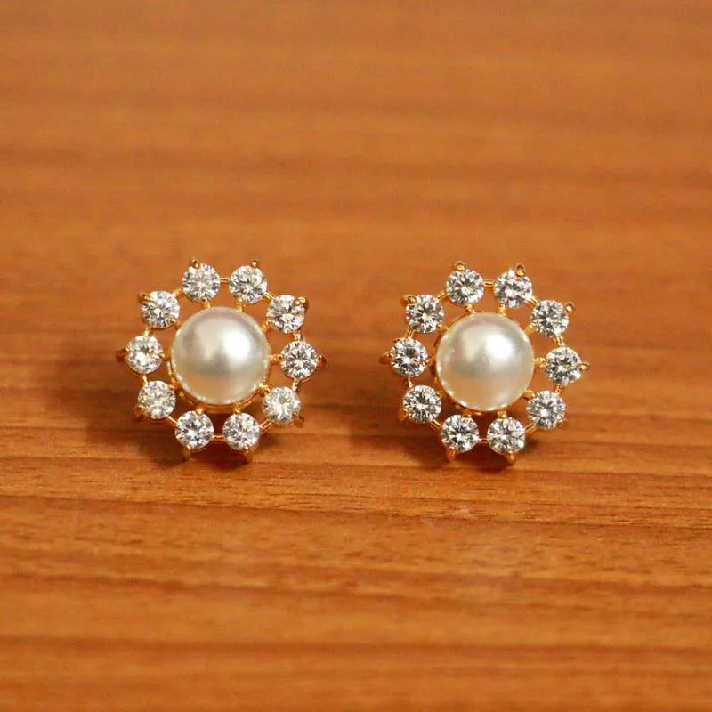 handmade silver earrings for women -White Pearl Cubic Zirconia Studs