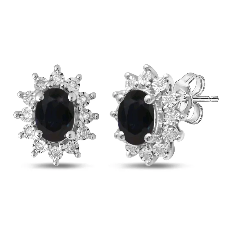 bridal earrings for women -Oval Created Sapphire Stud Earrings with 0.10ct of Diamonds in Sterling Silver