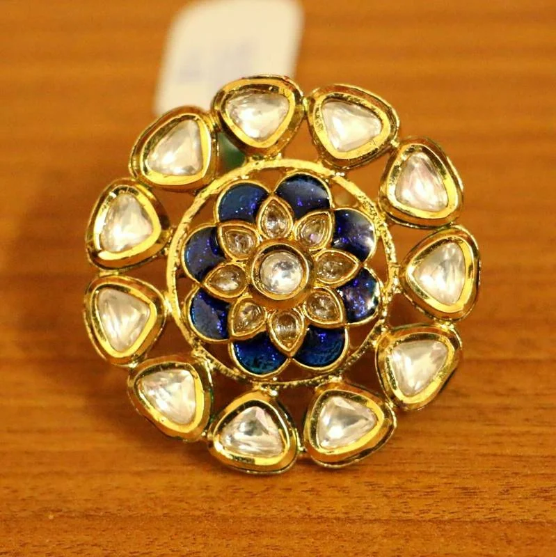 halo engagement rings -GOLD PLATED KUNDAN POLKI BLUE MEENAKARI COCKTAIL RING