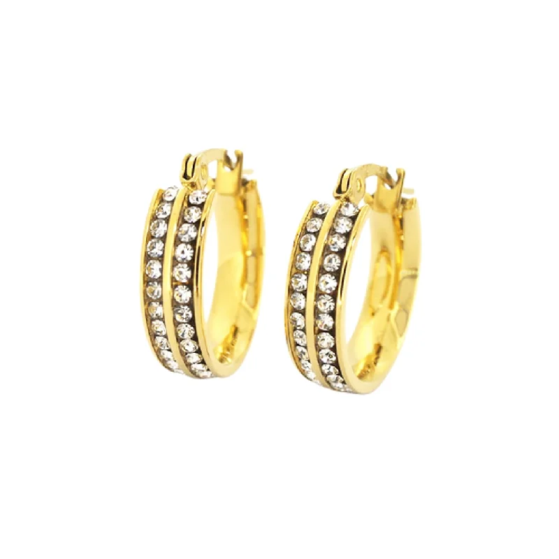 chic silver earrings for women -Stainless Steel Yellow Tone Crystal Hoops