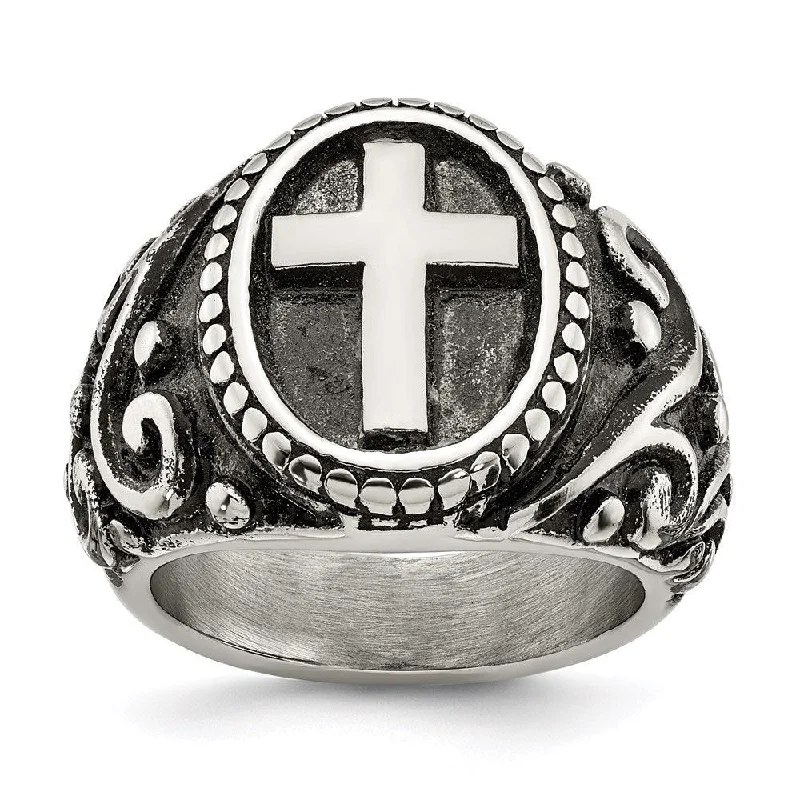 twisted rings for women -Stainless Steel Antiqued and Polished Cross Ring