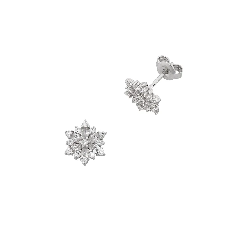 drop earrings for women -Sterling Silver Cubic Zirconia Snowflake Stud Earrings