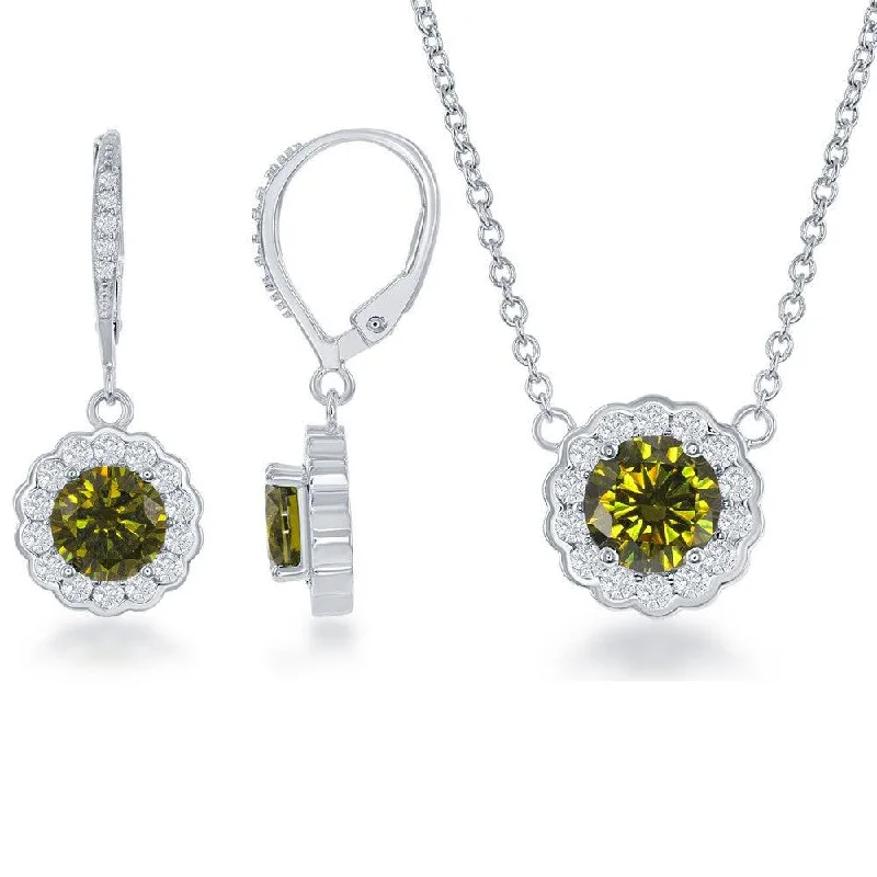 double chain necklaces for women -Sterling Silver Peridot CZ August Birthstone With  CZ Border Round Earrings and Necklace Set