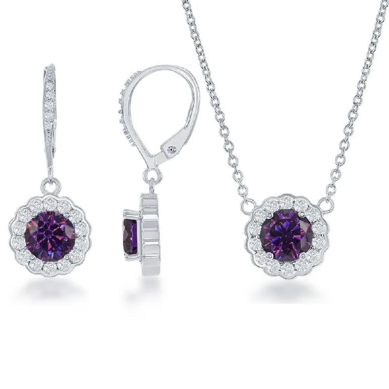 vintage crystal necklaces for women -Sterling Silver February Birthstone With  CZ Border Round Earrings and Necklace Set