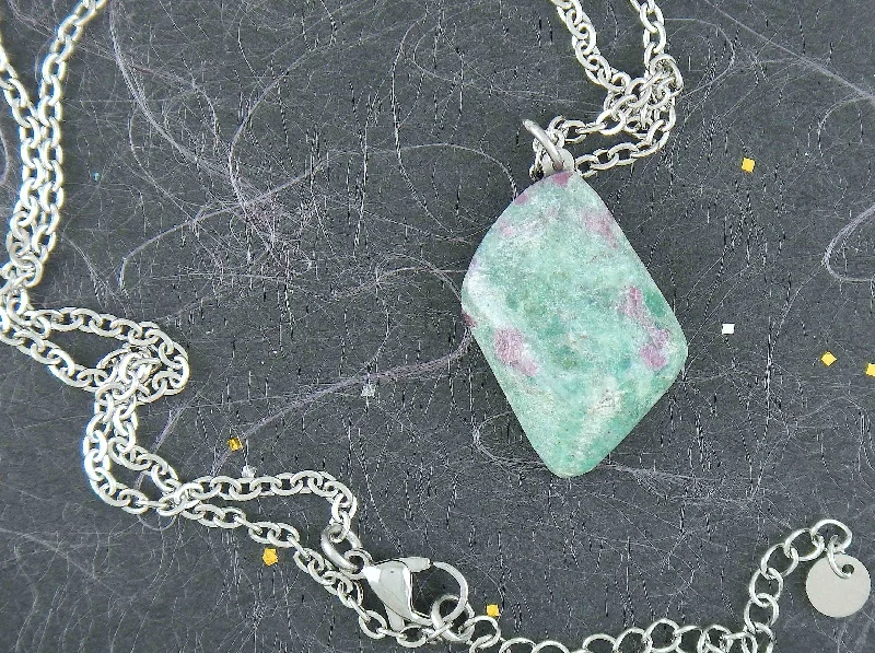 bold necklaces for women -16-inch necklace with marbled emerald green fuchsite ruby stone lozenge pendant, purple inclusions, stainless steel chain