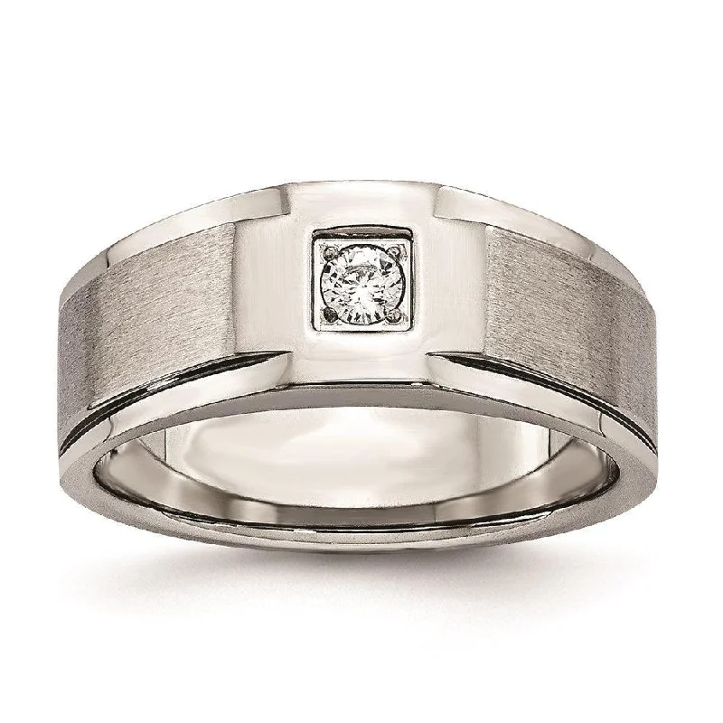 diamond wedding bands -Stainless Steel Brushed and Polished with CZ Ring