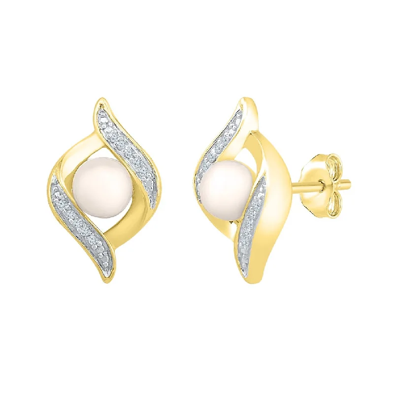 stylish gemstone earrings for women -9ct Yellow Gold Diamond Set Flame Earrings with White Pearls