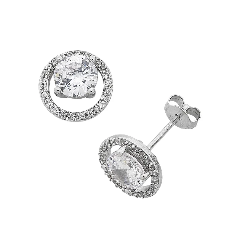 stylish gemstone earrings for women -Sterling Silver Cubic Zirconia Open Halo Stud Earrings