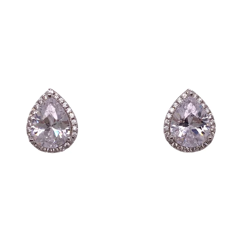 chic hoop earrings for women -Sterling Silver Cubic Zirconia Pear Halo Earrings