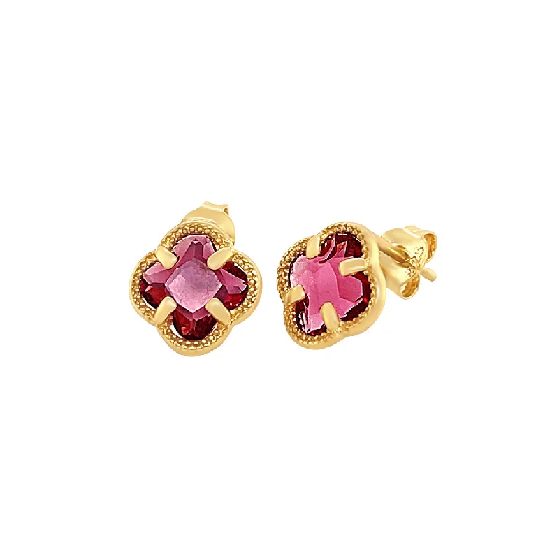 geometric earrings for women -9ct Yellow Gold Silver Infused Red 4 Leaf Clover Stud Earrings