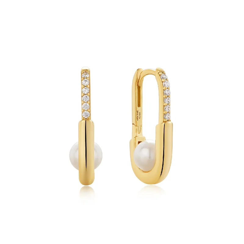 colorful earrings for women -Ania Haie Gold Pearl Interlock Oval Hoop Earrings