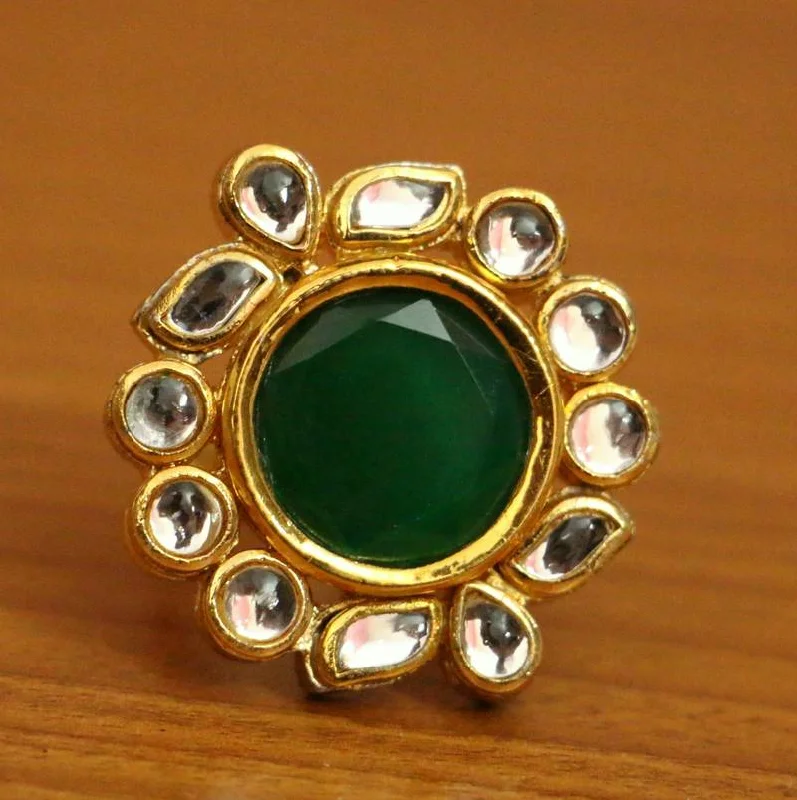 silver engagement rings -GREEN ONYX GOLD PLATED KUNDAN RING WITHOUT MEENAKARI